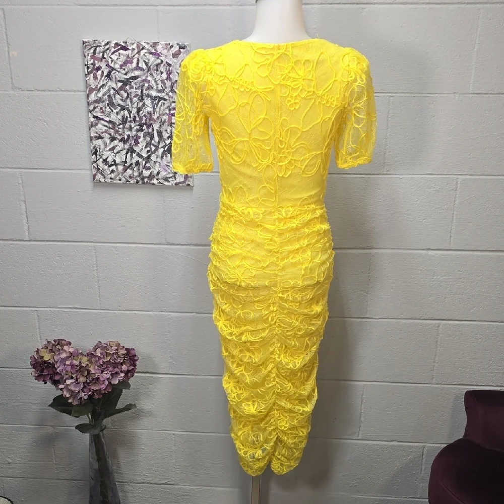 Zara Bright Yellow Ruched Lace Midi Dress - Picture 6 of 12